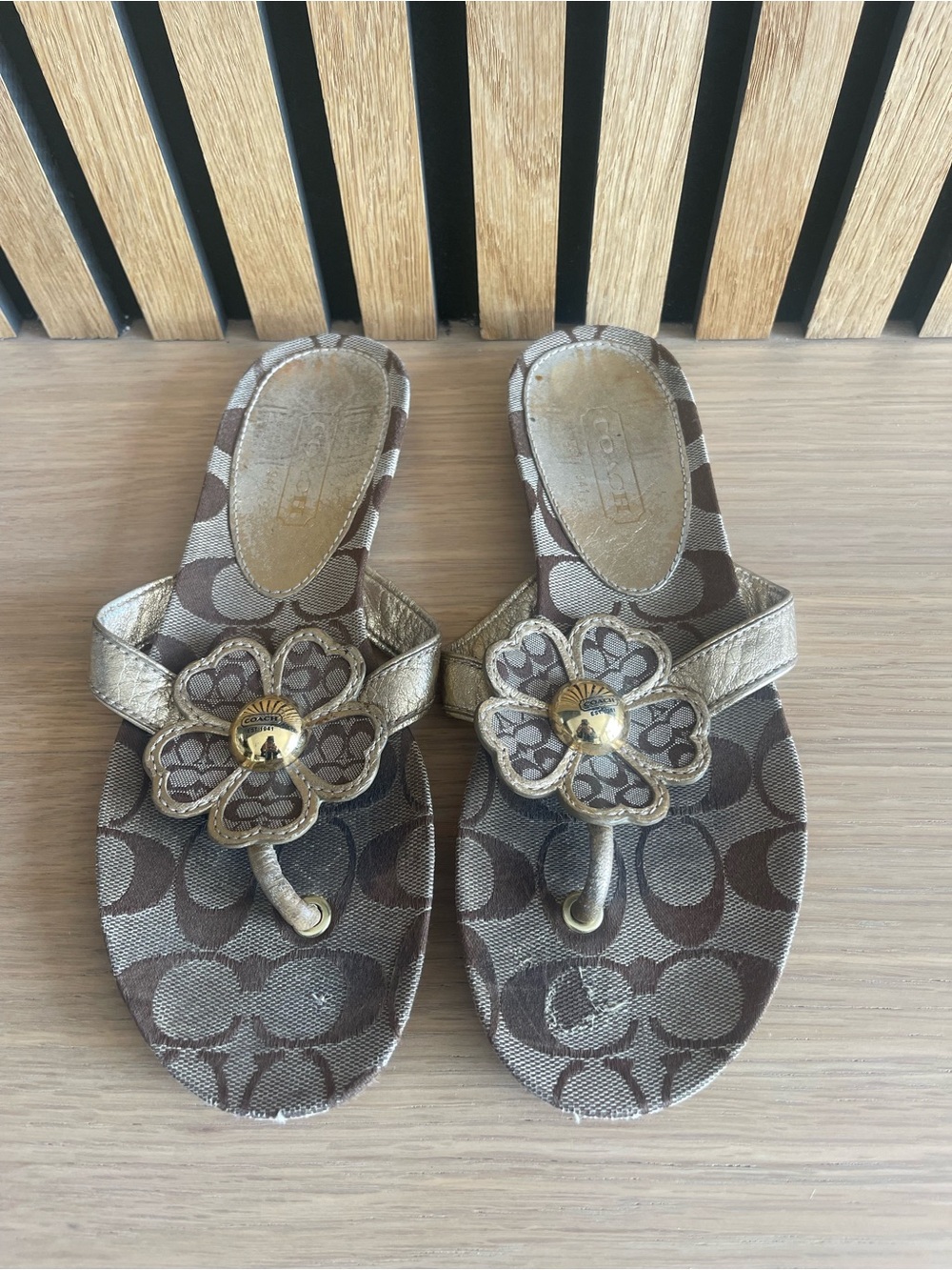 Coach Brown and Gold Monogram Flower Thong Sandals